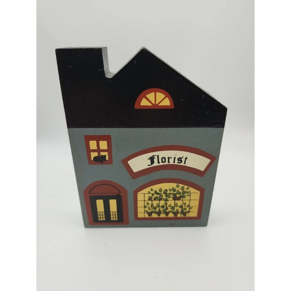 The Cats Meow Village Florist 1988 Artist Signed Faline Wood Shelf Sitter